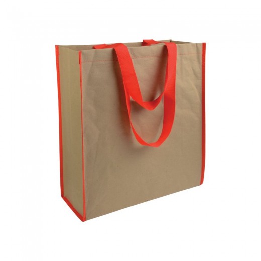 SHOPPER CON SOFFIETTO IN CARTA CON INTERNO IN PP 140 G/M2, MANICI LUNGHI A NASTRO COLORATI