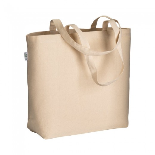 SHOPPER IN COTONE BIOLOGICO 220 G/M2, CON MANICI LUNGHI E SOFFIETTO ALLA BASE